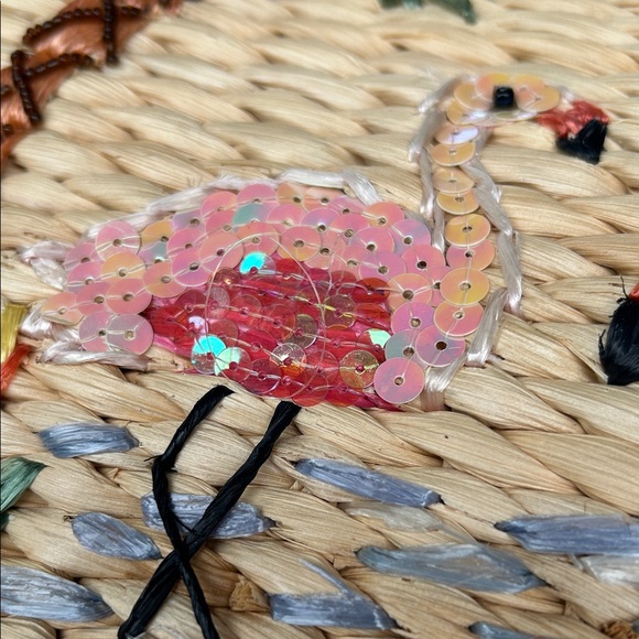 Tropical Woven Tote Bag with Sequined Flamingo Palm Tree Design - Picture 16 of 16